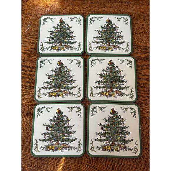 Spode Coasters Set of 6 Cork Back Christmas Tree Holidays Festive Traditional - Picture 2 of 7